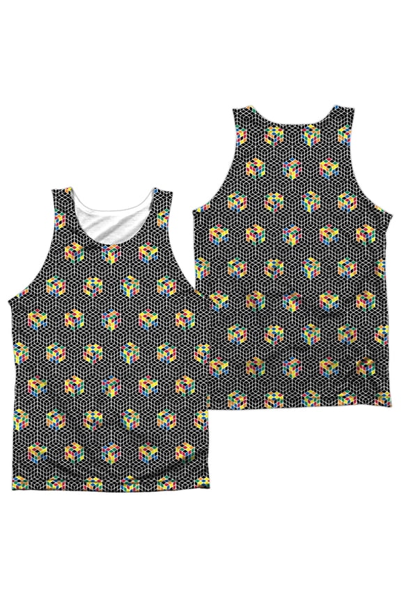 Rubik's Cube Hand Puzzle Game B&W Cube Pattern Front/Back Print Tank Top Shirt