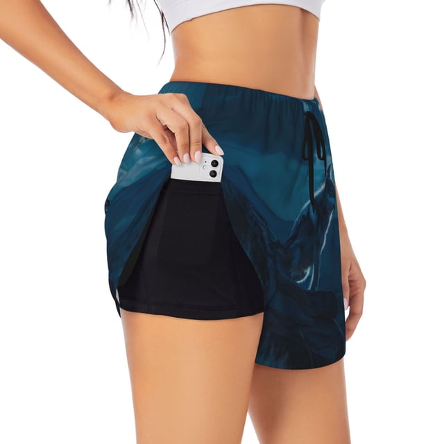 Balery Lonely Night Wolf Pantalones cortos deportivos para mujer con forro y dos bolsillos, elásticos, para entrenamiento, gimnasio, yoga-X-Large