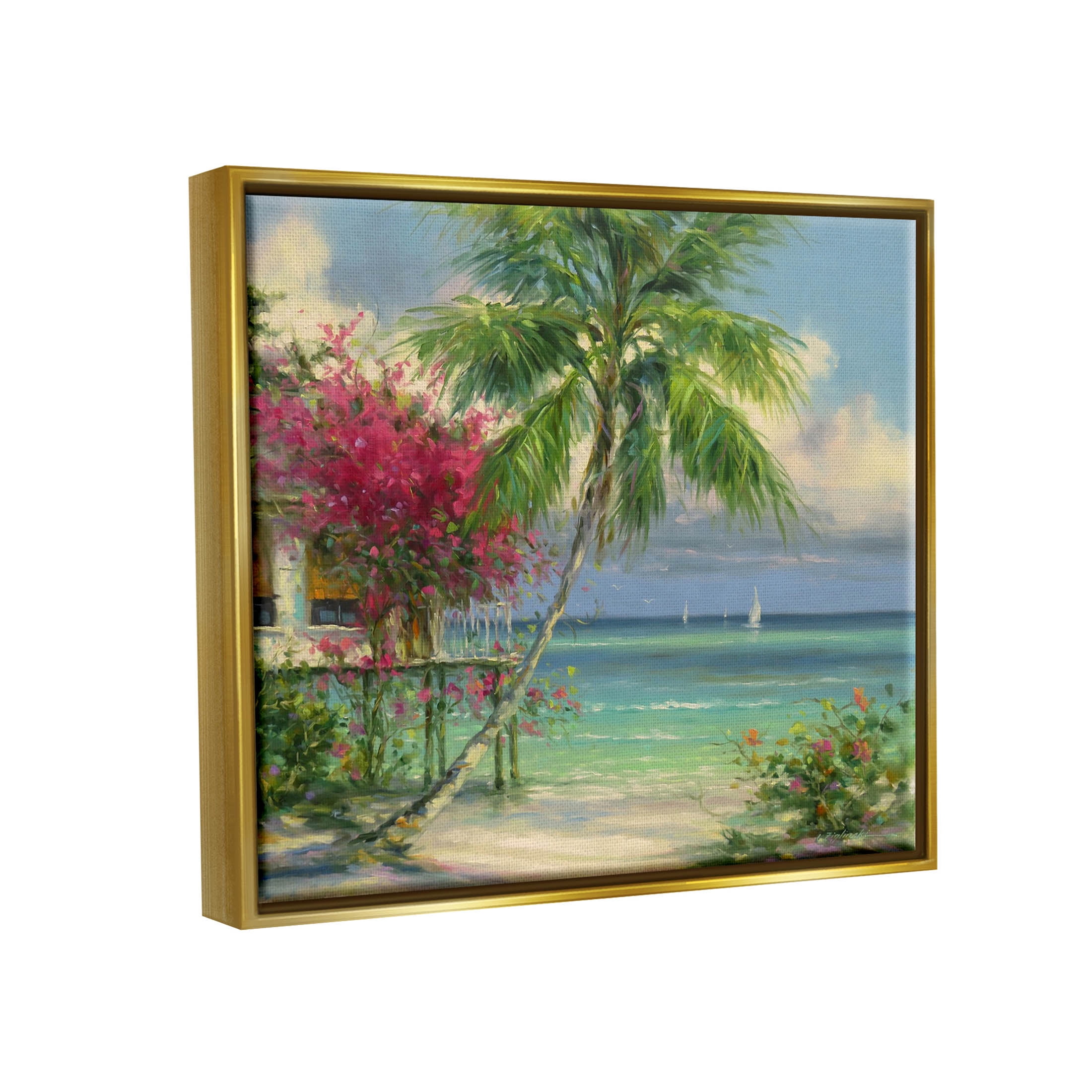 Floral Tropical Summer Vacation Resort Landscape Painting Metallic Gold Framed Art Print Wall Art