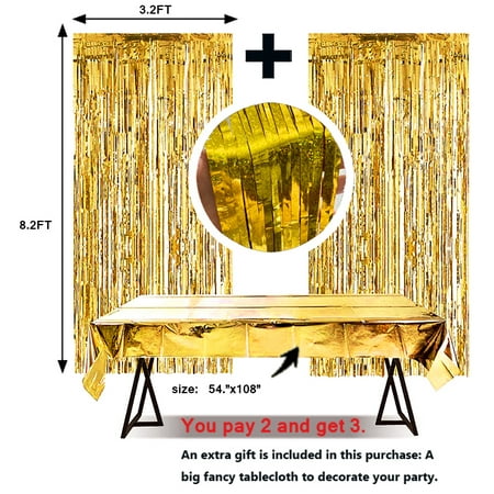 Image of Gold Fringe Curtain Backdrop - 2 Packs 3.2x8.2 Feet Plus 1 Pack Gold Foil Tablecloth 54” x108” | Gold Streamers Party Decorations for Bachelorette New Year Decorations(Gold)