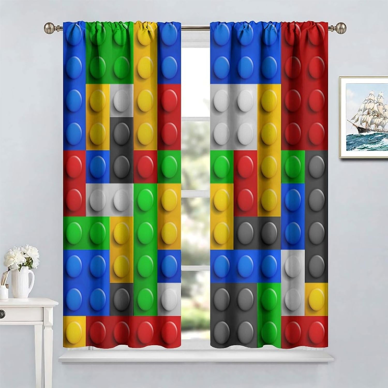 Kids Building Blocks Toy Curtains, Color Constructor Blocks Window Treatments for Bedroom Abstract Contour Colorful Plastic Brick Geometric Print Pattern Window Drapes for Playroom 84x84in