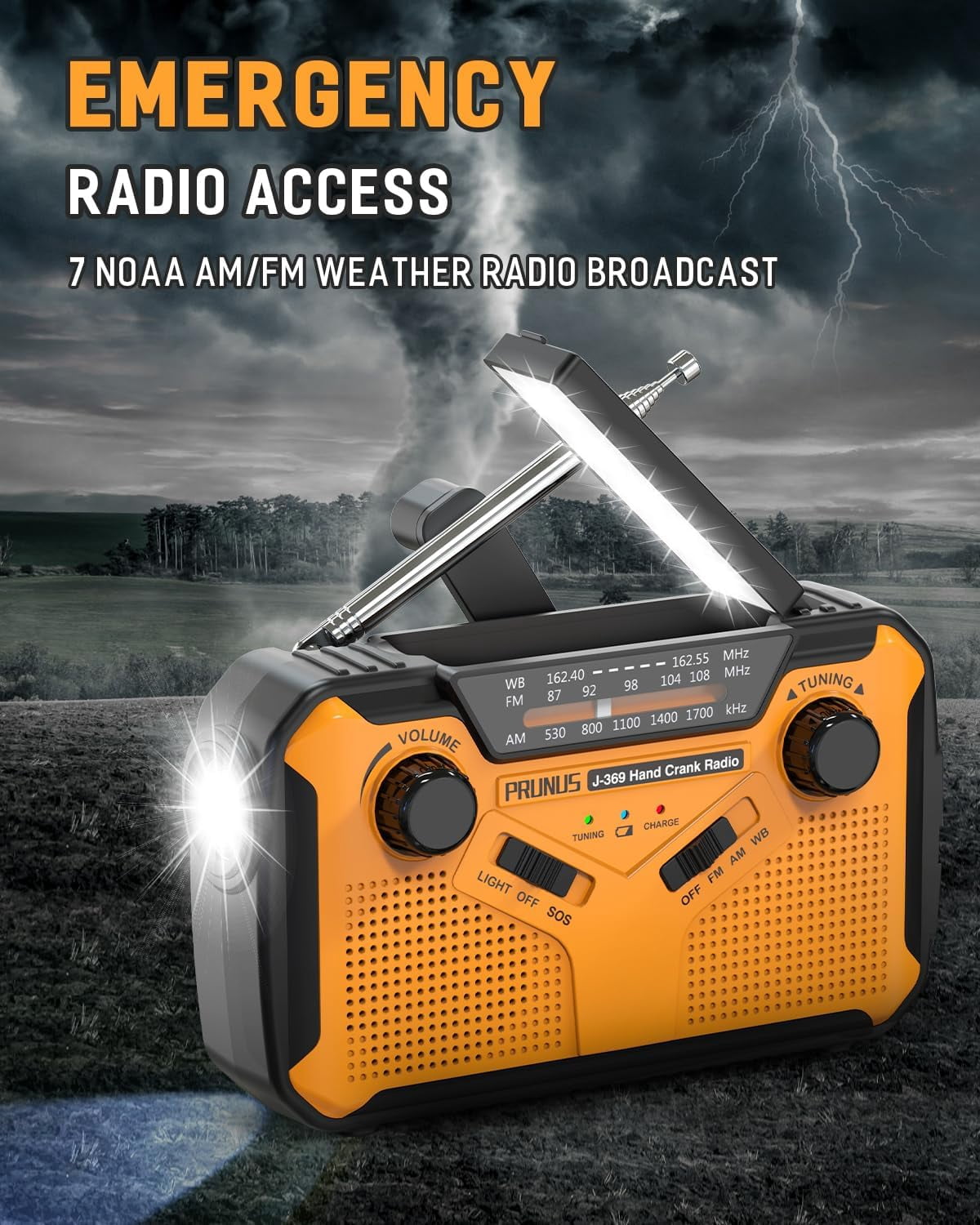 J-369 11100mWh Emergency Weather Radio, AA Batteries/Hand Crank/Solar/USB Charging, NOAA/AM/FM, LED Flashlight and Reading Lamp,SOS Alarm & Flashlight Portable