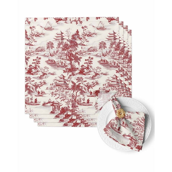 Cloth Napkins Chinoiserie Garden Asian Scenic Washable Soft Kitchen Dinner Napkin Set of 4,Pavilion Hill Boat Tree Red Reusable Cocktail Napkins for Wedding Holiday Party Event,20x20In