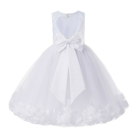 Ekidsbridal Girl Ballroom Flower Girl Dress - Lace Heart Cutout White Tulle with Petals 185T-A (Size: M-12)