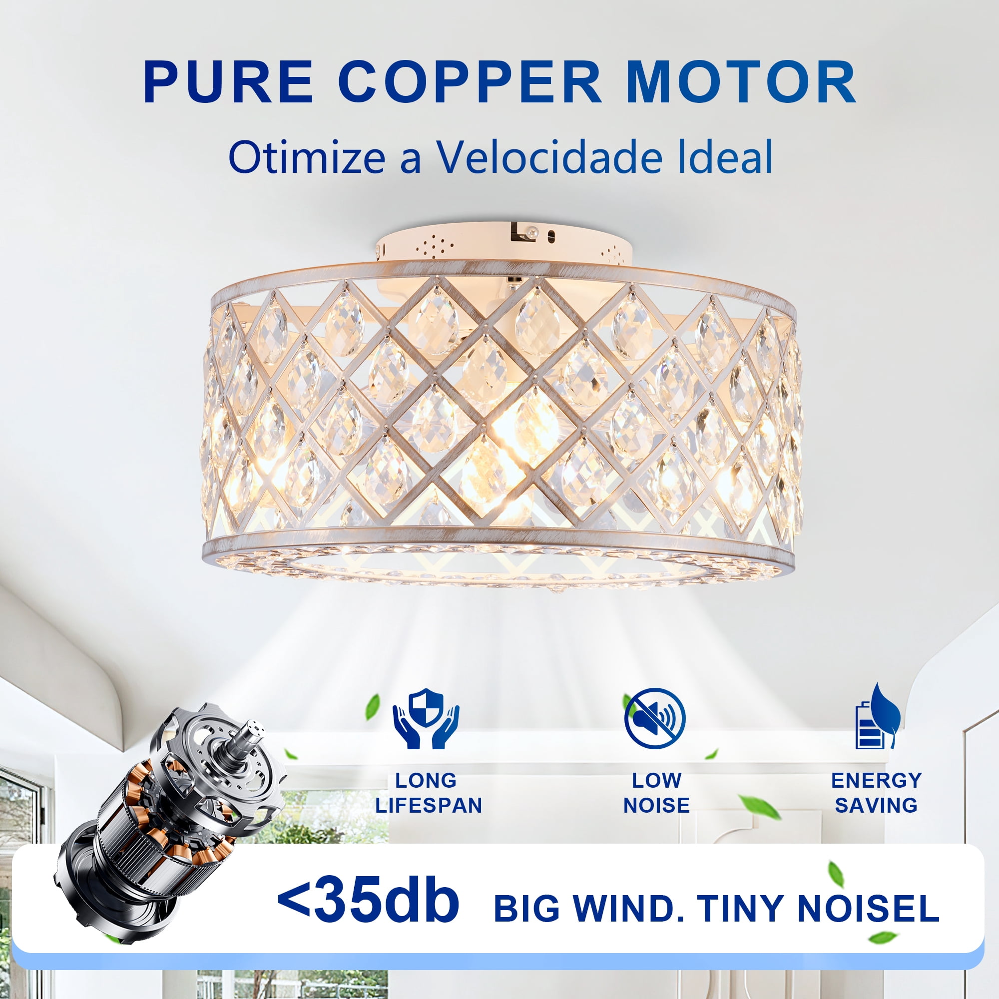Leumius 19.6" Crystal Ceiling Fans with Light and Remote Control, Chandelier Fan 6 Speed DC Motor Reversible Ceiling Fan for Living Room Bedroom (NOT Included Bulbs)
