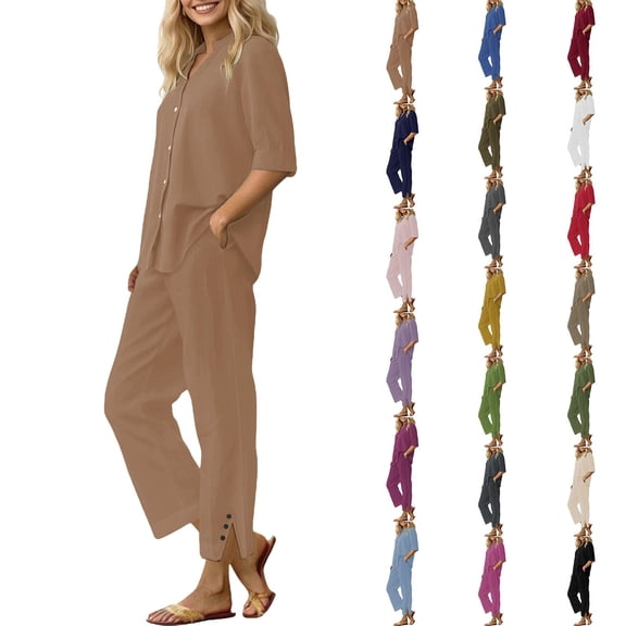 Women's 2 Piece Outfits Lounge Sets 2026 Short Sleeve Tops Wide Leg Pants Casual Matching Set by Yigetop Beige L