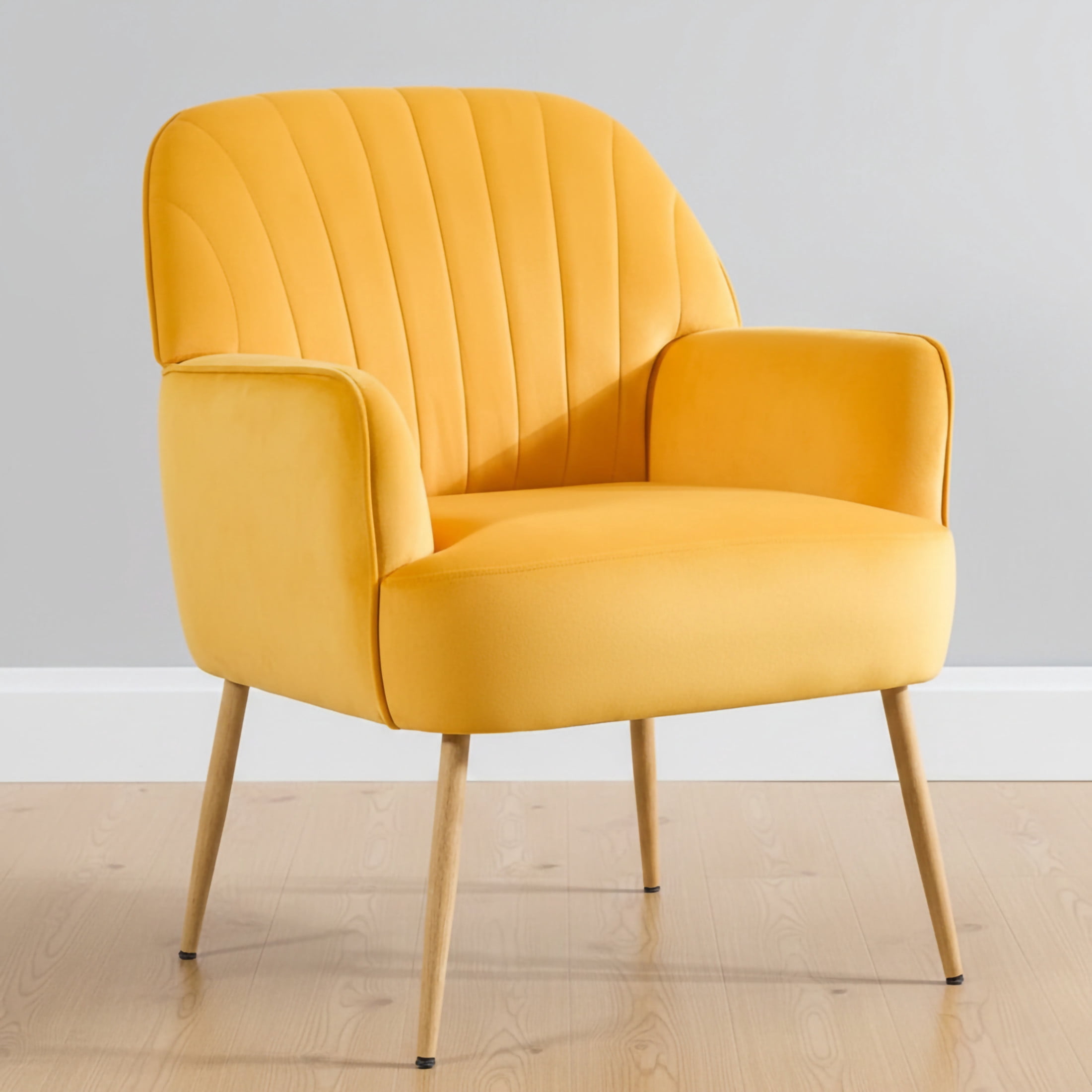 Noble House Ordis Velvet Accent Chair with Shell-Shaped Backrest & Metal Legs, Comfy Barrel Chair for Living Room, Yellow