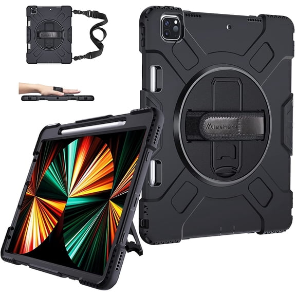 iPad Pro 12.9 4th Generation Case 2020 With Pencil Holder Support Pencil Charging, Heavy Duty Anti-drop Protective Cover Hand Strap Shoulder Strap Stand for iPad Pro 12.9 2020/2018 Black