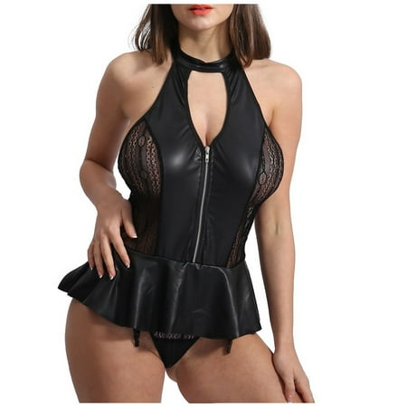 

XHJUN Women Teddy Lingerie Babydoll Set Leather Sexy Chemise With Halter One Piece Bodysuit Sheer Underwear Set