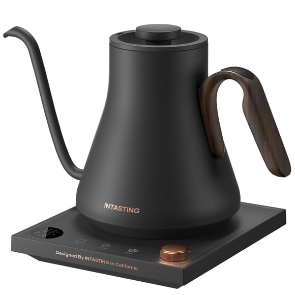 INTASTING Gooseneck Electric Kettle with Precise ±1℉ Temperature Control, Wood-Accented Handle, Stainless Steel Interior, Quick Heating