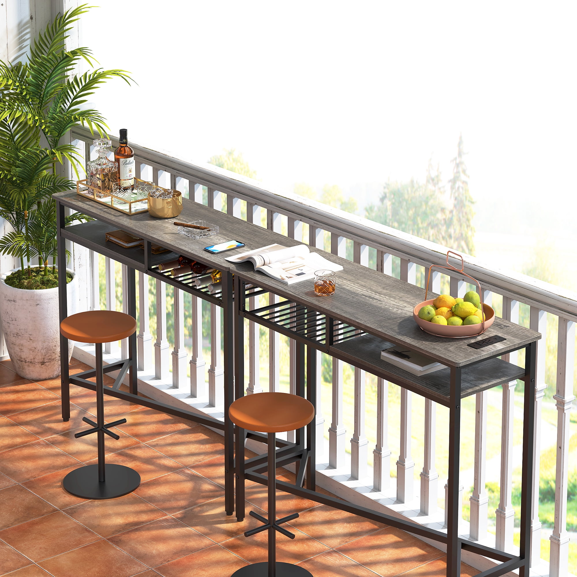 Yoneston 47.25" Bar Table with Charging Station, Rectangular High Kitchen Dining Counter Table with 2 Storage Shelves for Living Room Office Balcony, Black Oak