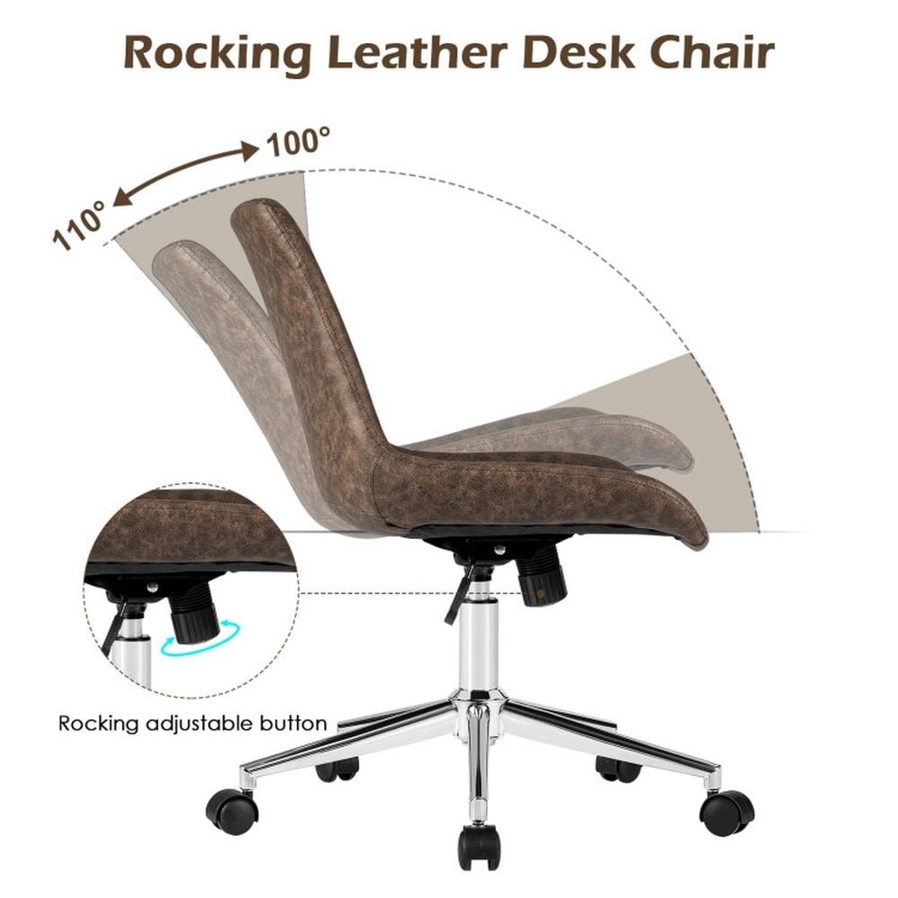 Demi Bonn Leather Armless Adjustable Mid-Back Office Chair for Home, Bedroom, Study, Rolling Work Computer Desk Chair, Brown