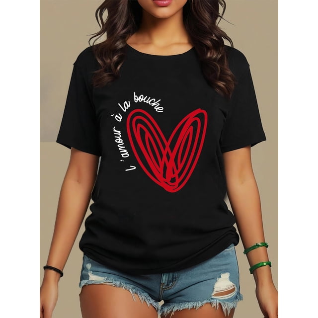 Camiseta informal de cuello redondo para mujer, estampada con un corazón rojo, cuello redondo y manga corta, lavable a máquina, ideal para todas las estaciones, estilo clásico, deportiva.