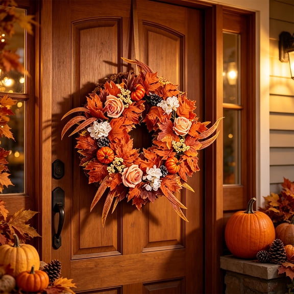 Aurorax Fall Wreaths for Front Door 22 inch,Thanksgiving Fall Wreath Decorations with Artificial Rose Sunflower Pumpkin Large Farmhouse Thanksgiving Harvest Decor for Outside Indoor Window