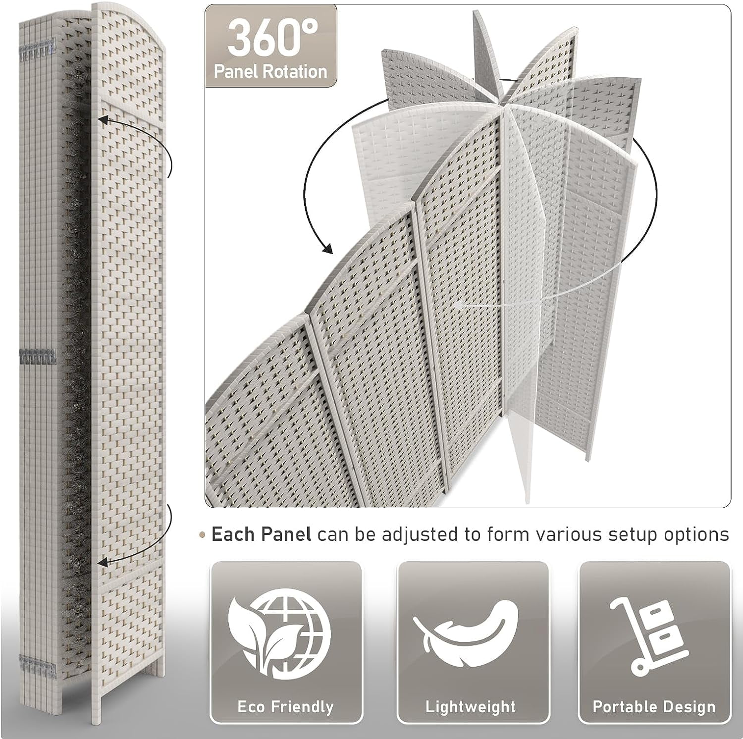 Room Divider Privacy Screen, 6 ft. Tall Extra Wide Foldable Panel Partition Wall Divider, Double Hinged Room and Folding Privacy Screens Beige