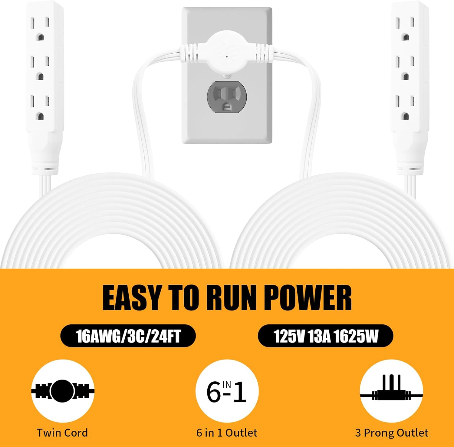 Twin Extension Cord, 24 Ft Flat Wall Plug, 12 Feet on Each Side, 3 Prong Power Strip with 6 Outlets, Double Extension Cord Splitter for Behind Bed, Couch, Nightstand, Furniture, White