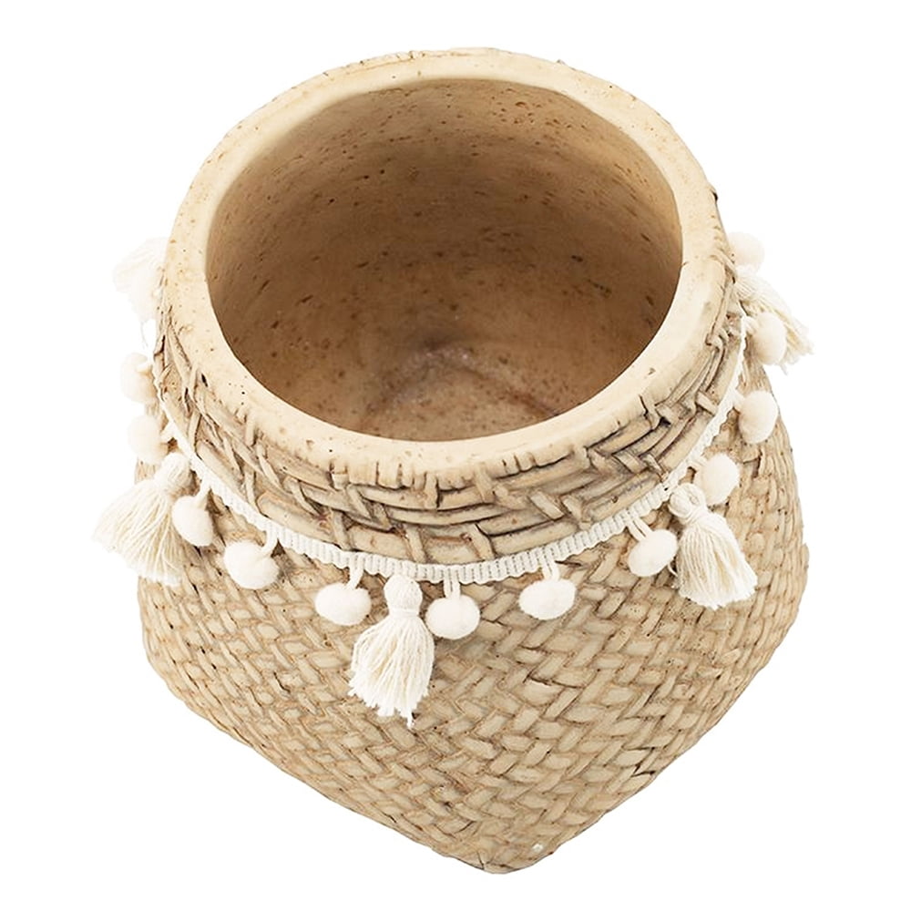 Set of 2 Brown Cement Planters – These Charming Planters Feature a Woven Tassel Accent, Perfect for Adding a Bohemian Touch to Your Home or Garden.