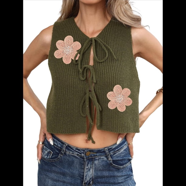 Chaleco de Suéter para Mujer, Sin Mangas, Bordado, Cuello en V, Abierto Al Frente, con Lazo, Corte de Crochet, Informal, Y2K. Verde L
