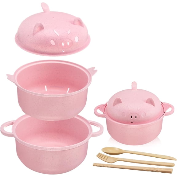 Cute Pig Ramen Bowl Set,  Microwavable Cooker,Microwavable Ramen Bowl with Strainer Lid Spoon Chopsticks, Noodle Cooker Back to School Gift for Dorm College(Pink)