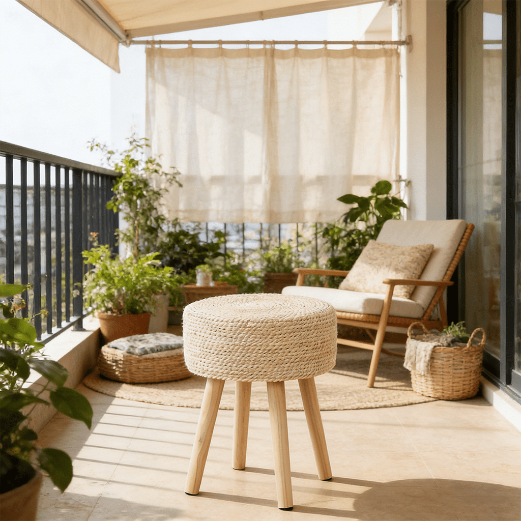 Casa Pura Furniture Round Ottoman Footstool Hand Woven Hyacinth Natural Seagrass Solid Wood Legs Off-White 13" L x 13" W x 16.3" H