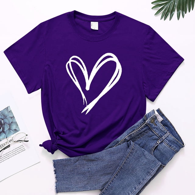 Meichang T-Shirts Joyeuse Saint-Valentin Femmes Mignon Imprimé Cœur T-Shirts Manches Courtes Col Rond Décontracté T-Shirts Joyeuse Saint-Valentin