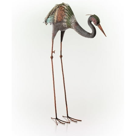 Alpine Corporation 30" Tall Outdoor Rustic Metal Bowing Crane Statue Yard Art Decoration