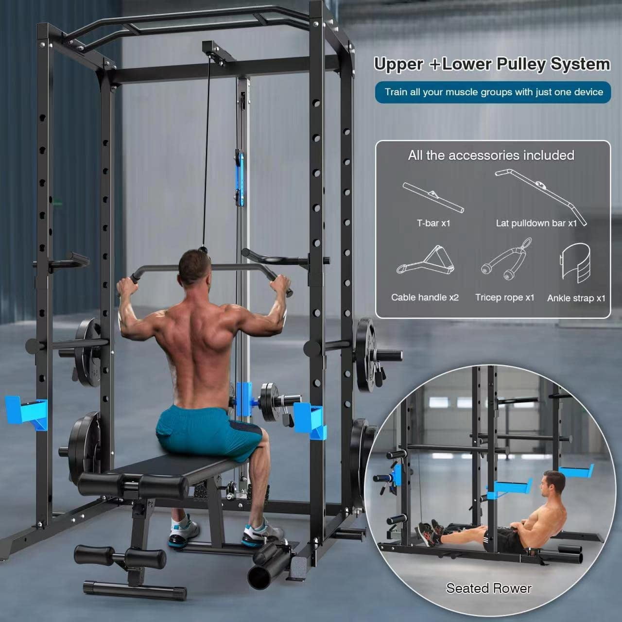 ULTRA FUEGO Power Cage, Multi-Functional Power Rack with J-Hooks, Dip  Handles, Landmine Attachment and Optional Cable Pulley System for Home Gym  