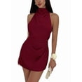 thumbnail image 2 of Women's Ruched Halter Sleeveless Mini Dress Tie Backless Bodycon Evening Party Cocktail Dresses Wine Red S, 2 of 9