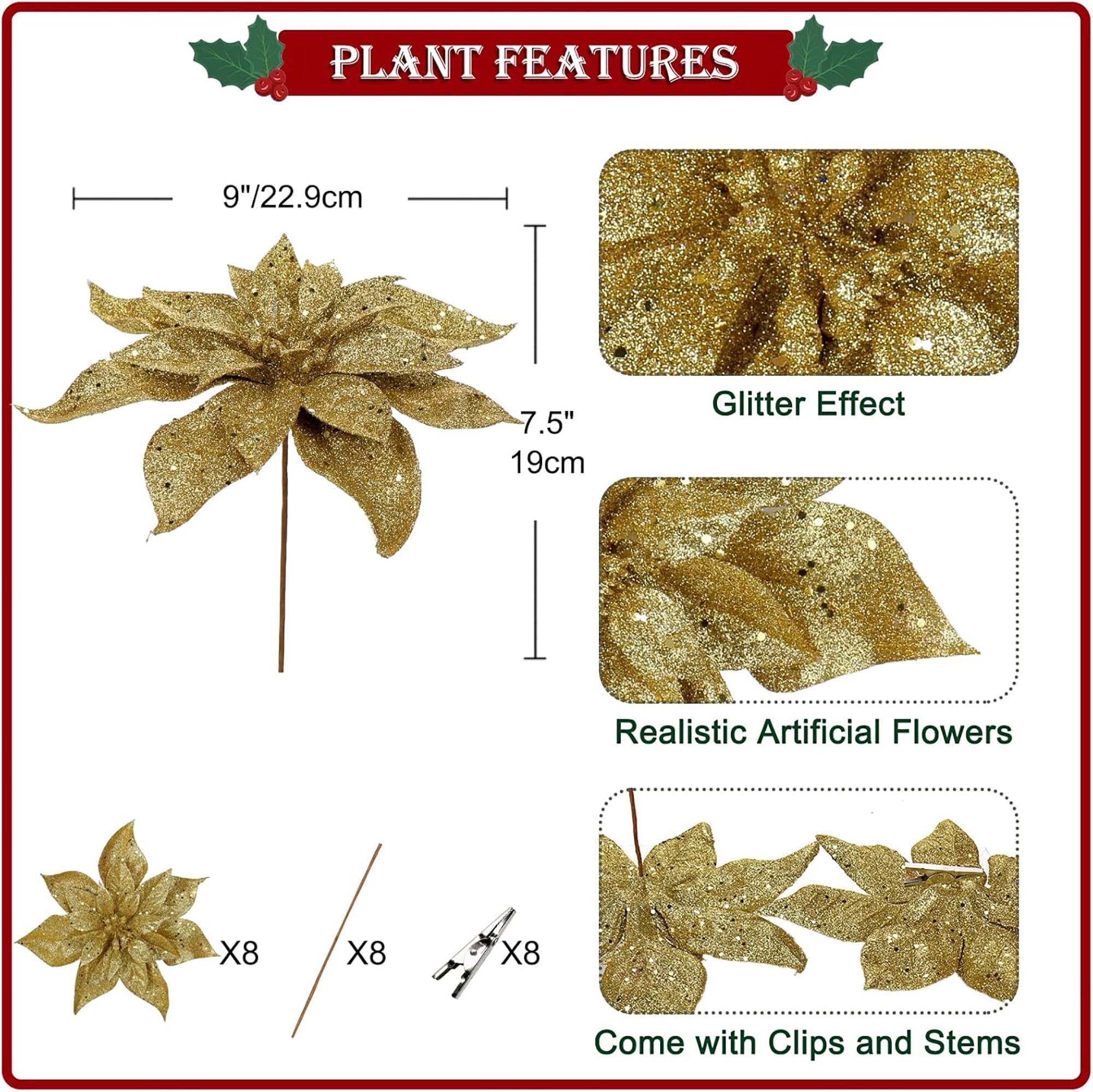 Briful 9'' Christmas Poinsettia Flowers 8PCS Glitter Artificial Flowers Large Christmas Ornament Flowers for Xmas Tree Wreath Garland Decoration Gold