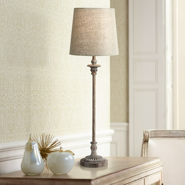 Regency Hill Traditional Buffet Table Lamp Weathered Brown Linen Fabric Drum Shade for Dining