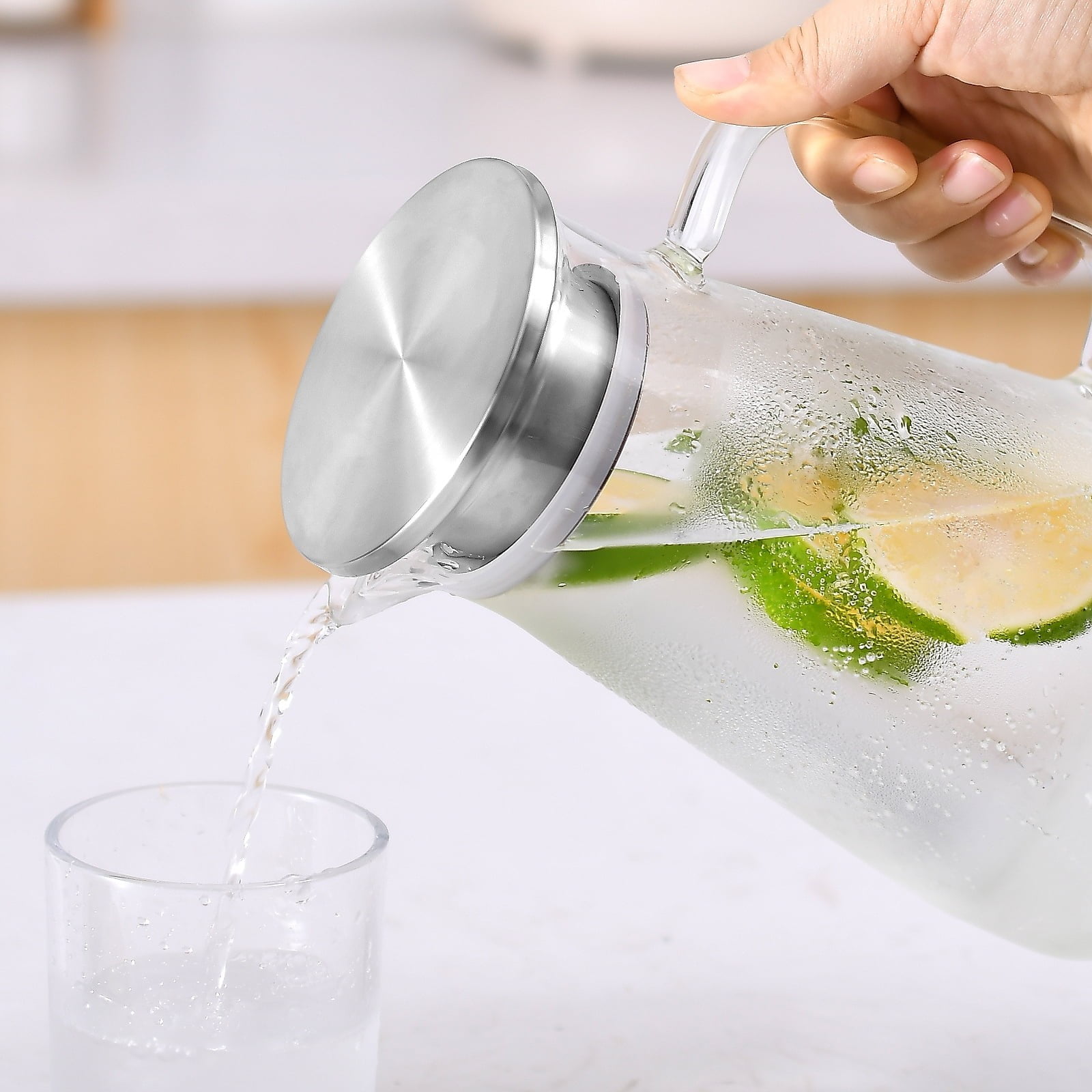 Glass Pitcher with Lid, Large Iced Tea Water Pitcher, Easy Clean Heat Resistant Borosilicate Glass Jug with Stainless Steel Lid for Juice, Milk, Cold or Hot Beverages - 52oz, 4.8x8.3"