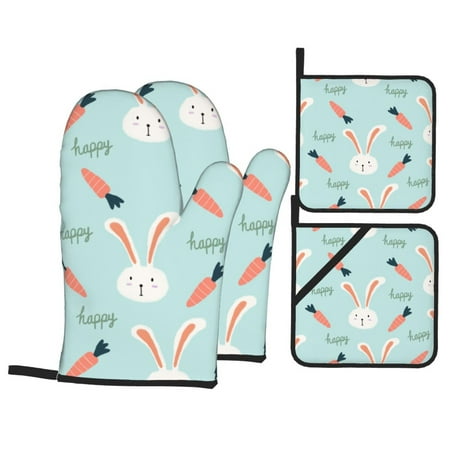 

YFYANG Oven Mitts and Pot Holders Sets 4 Pieces Non-Slip Heat Resistant Carrot Bunny Doodle Kitchen Glove Pot Mat for Cooking and Baking