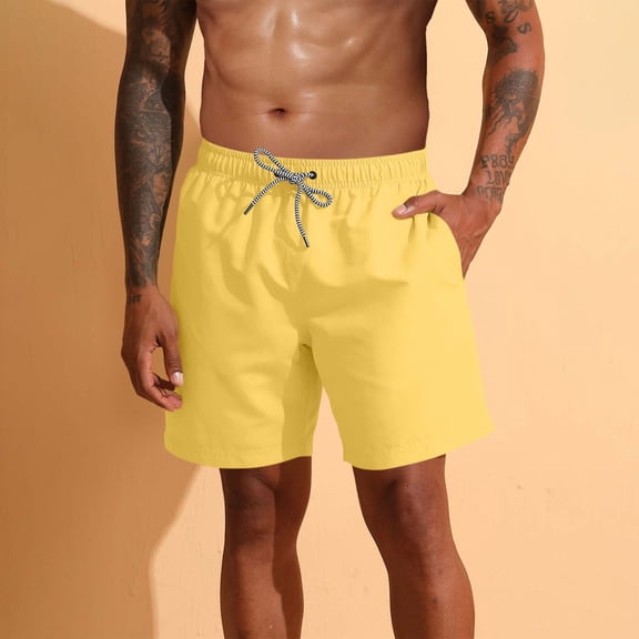 KIHOUT Men's Solid Color Quick Dry Swim Trunks with Mesh Liner Elastic Waist Drawstring Multi Pocket Beach Casual Shorts Nylon Spandex