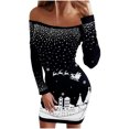 thumbnail image 1 of Pompotops Robe Mini à Manches Longues pour Femmes, Mode Décontractée, Épaules Dénudées, Col Rond, Imprimé Cerf de Noël et Flocon de Neige, 1 of 1