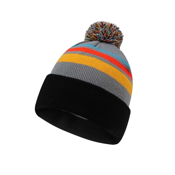 Gray Unisex Colorful Striped Knitted Hat With Ear Protection And Pompon Style For Outdoor Skiing And Comfort