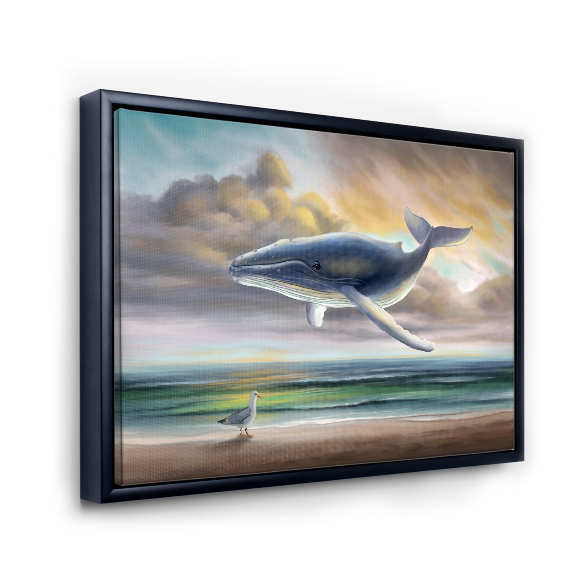 Designart 'Whale Floating In The Sky Over Beach' Children's Art Framed Canvas Wall Art Print