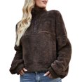 thumbnail image 1 of Sudadera borrosa con cuello alto para mujer, cuello de color puro, cremallera, manga larga, hombros caídos, sudadera marrón M, 1 of 6