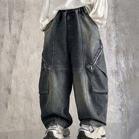 LRen Jeans Baggy High Waisted Comfy Elastic Waist Wide Leg Denim Pants Boys Loose Fit Classic Fashion Long Trousers Streetwear with Pockets Grey 9-10 Years