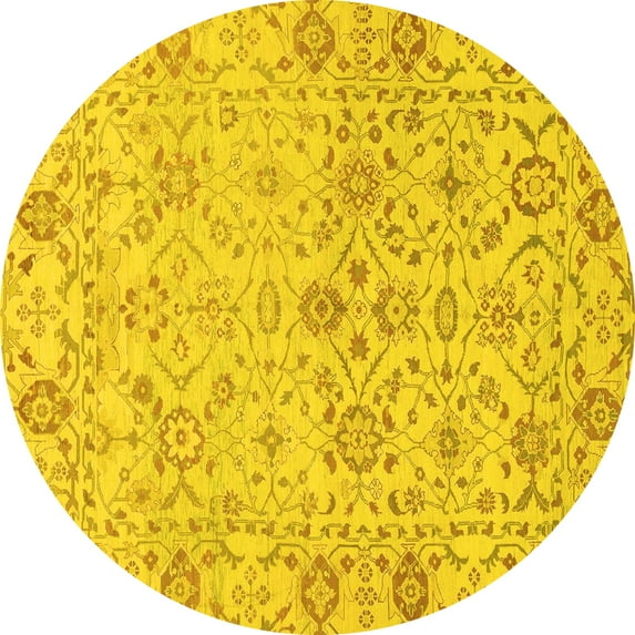 Ahgly Company Machine Washable Indoor Round Oriental Yellow Traditional Area Rugs, 7' Round