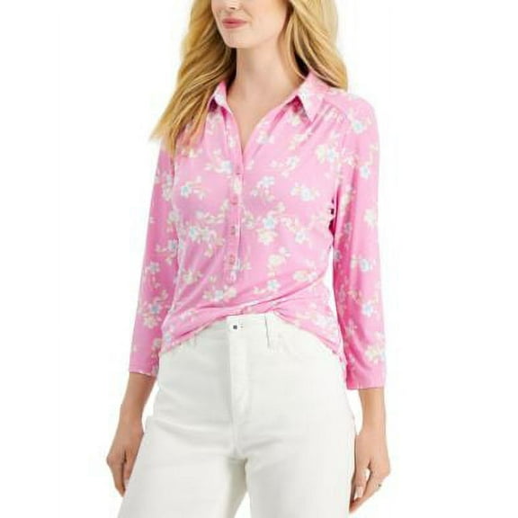 MSRP $50 Charter Club Floral-Print 3/4-Sleeve Knit Top Pink Size Large