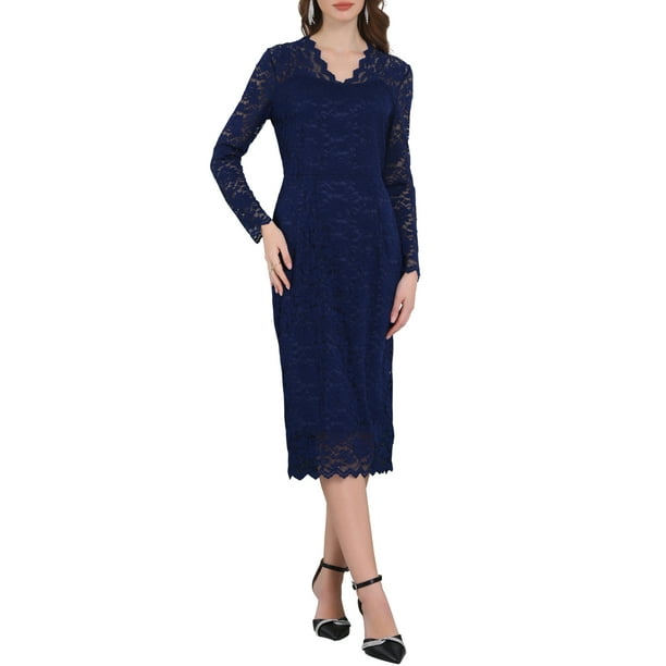 VESTIDO MIDI DE ENCAJE FLORAL CON MANGAS LARGAS TRANSPARENTES Y ESCOTE EN V PARA MUJER INSPIRE CHIC L AZUL MARINO