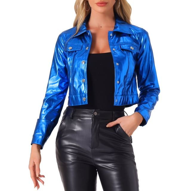 CHAQUETA METÁLICA BRILLANTE DE CICLISTA CON BOTONES Holográfica para Mujeres INSPIRE CHIC Talla M Azul