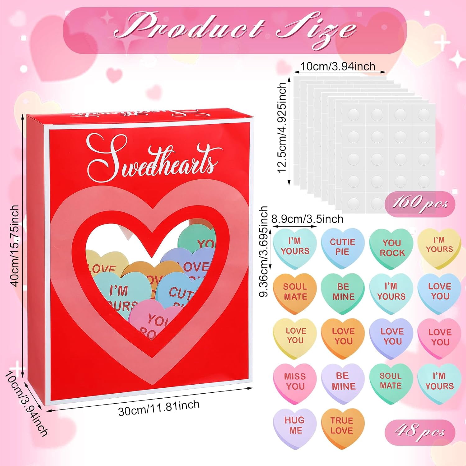 49 PC Valentine's Day Wall Stickers 3D Sweetheart Box with Conversation Heart Stickers Valentine's Day Bulletin Board Decoration Love Wall Decals for Classroom Home Wedding Romantic Decor