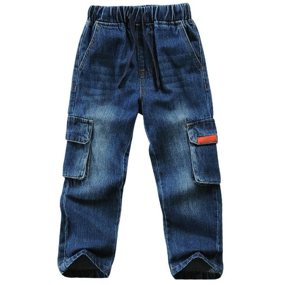 SonxaHe Toddler Boy Jeans Elastic Waist Straight Leg Cargo Denim Pants Kids Baggy Outdoor Fall Denim Trousers Blue,Sized 2-3