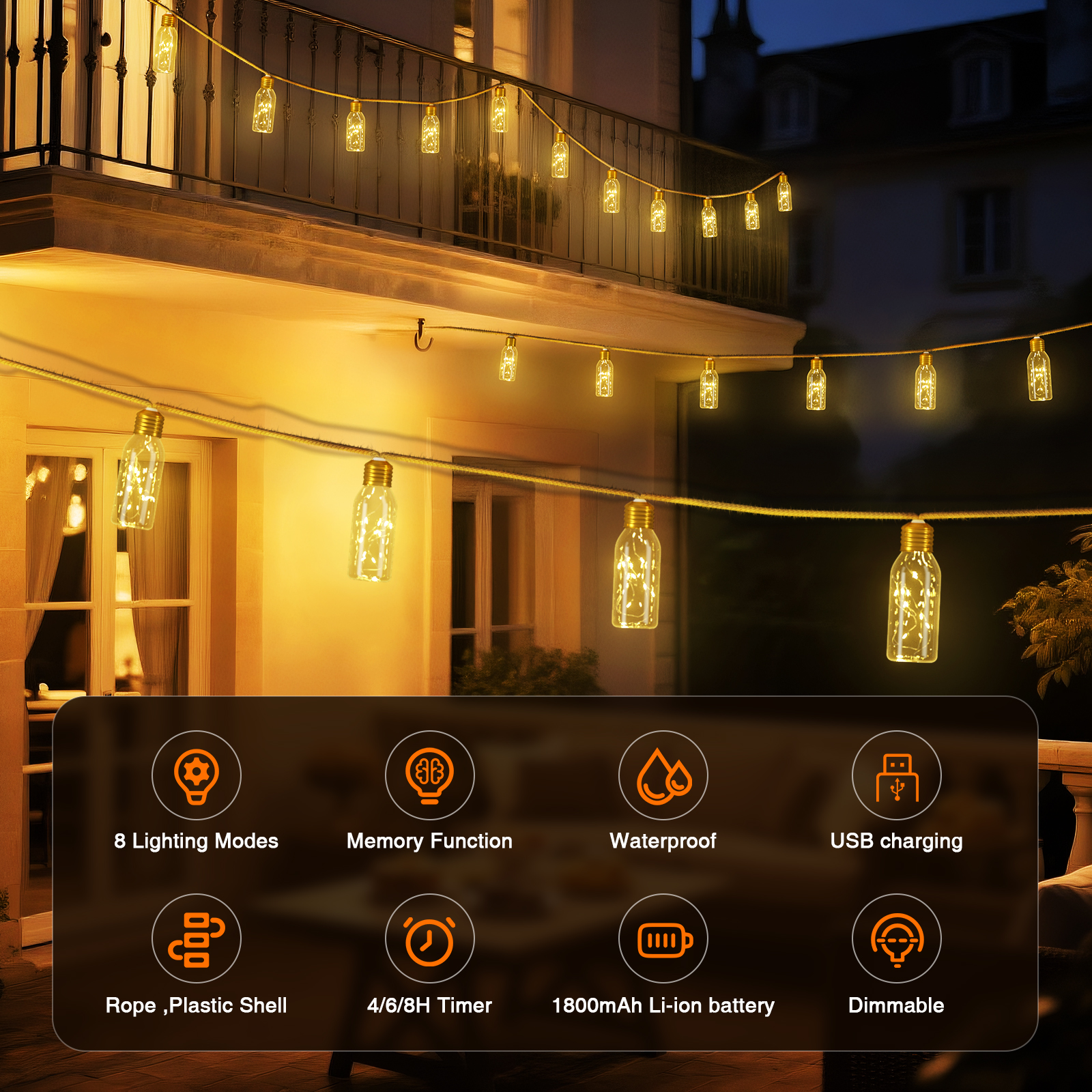 PChero 19.68FT USB Rechargeable Outdoor String Lights with Remote, 10 Shatterproof Bulbs Vintage Hemp Rope Patio Lights, 8 Modes Hanging Fairy Lights for Indoor Outdoor Decor, Balcony, Wedding, Party