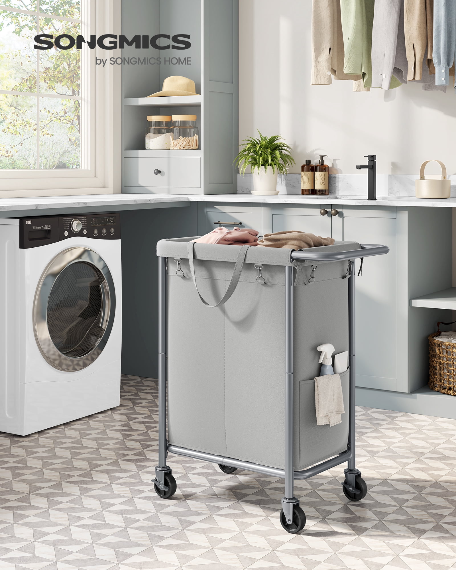 2-Section Rolling Laundry Basket Storage with Wheels, 37 Gallons Laundry Hamper, Removable Liner, Steel Frame with Handle,27.2 x 15.4 x 31.9 Inches