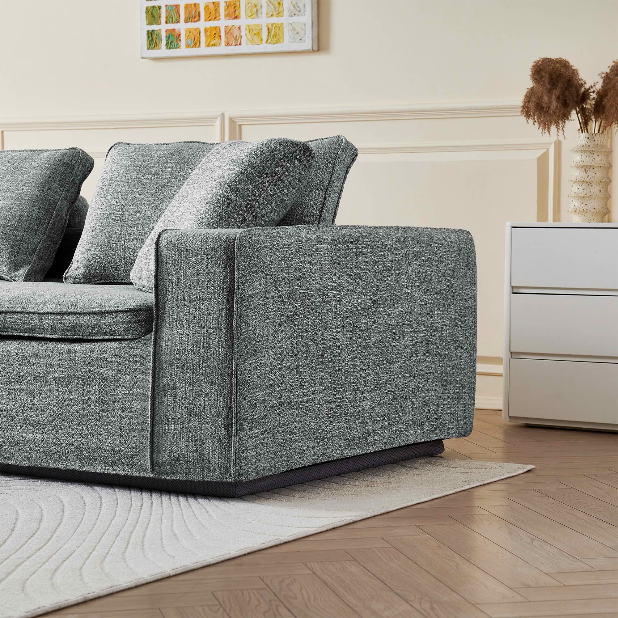 MAYEERTY 131in 4-Seater Cloud Couch with Ottoman, Washable Linen Cover, Pocket Springs & Compressed Delivery，Dark Gray