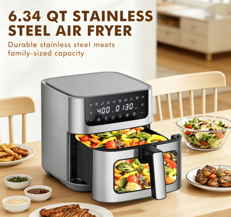 G-ocean 6.34 QT Air Fryer Oil-Free with Visible window, 8 Preset Cooking Modes, 90-Min Timer, 400°F Hemp, Dish Washer Safe, Roast, Bake, Gray