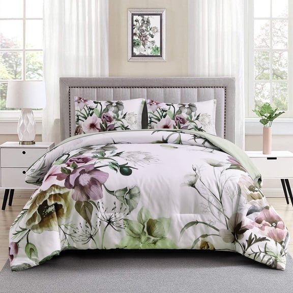 Green Floral Comforter King Size 3 Pcs Flowers Microfiber Bedding Set All Ages (90"x104")