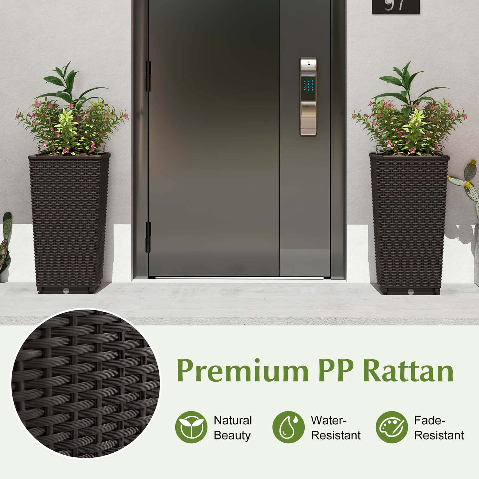 Costway 23" Tall Planters Set of 2 Rattan Wicker Plant Pot Self-watering Tree Pot Brown